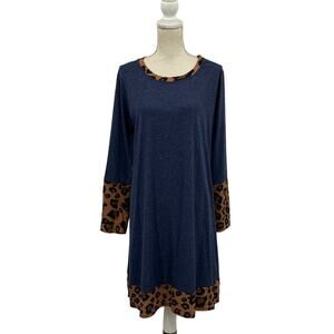 Leopard Trim Tunic Dress XL Blue Long Sleeve Casual Fall Style